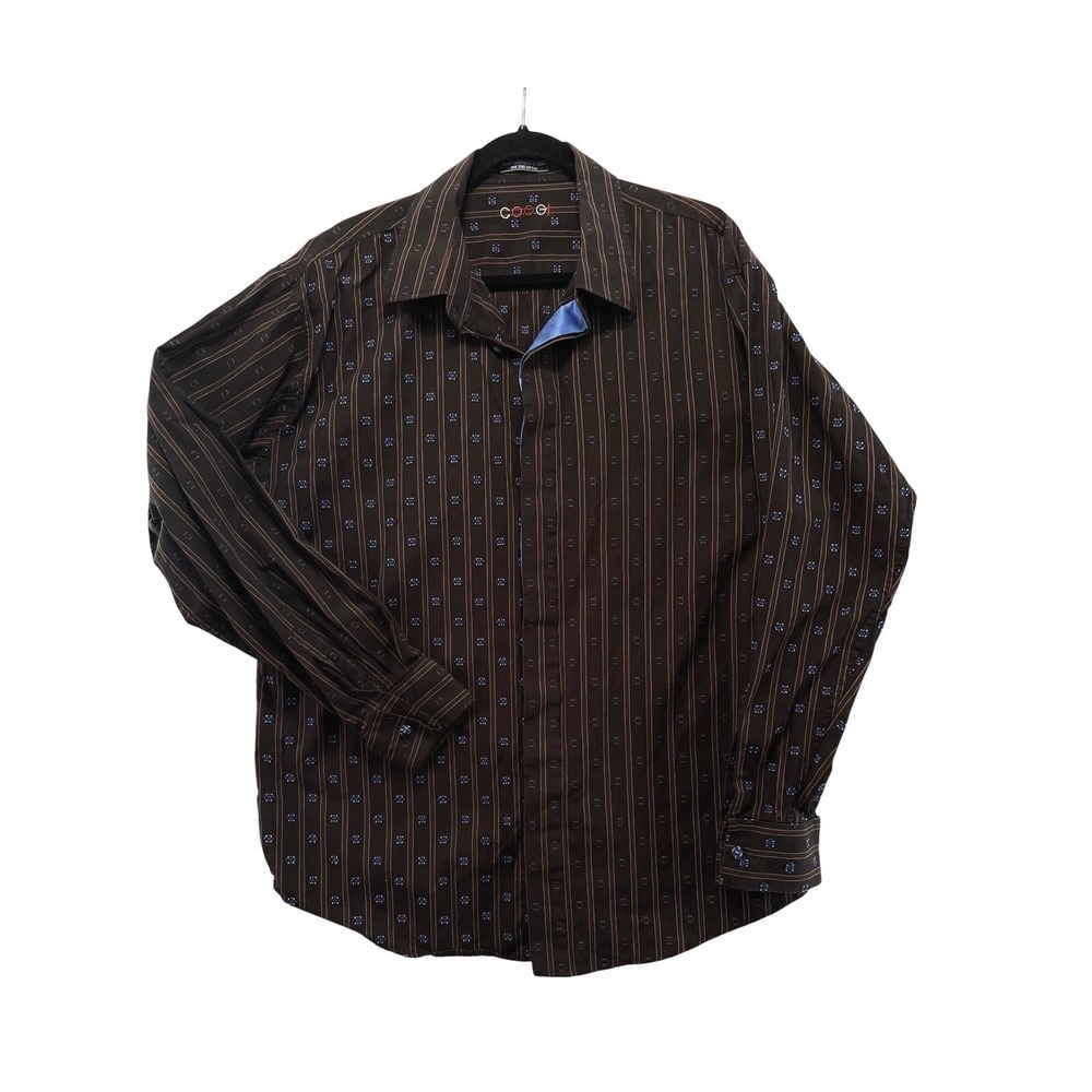 COOGI Button Down Shirt Mens XL Brown Striped Embroidered Cotton Long Sleeve‎